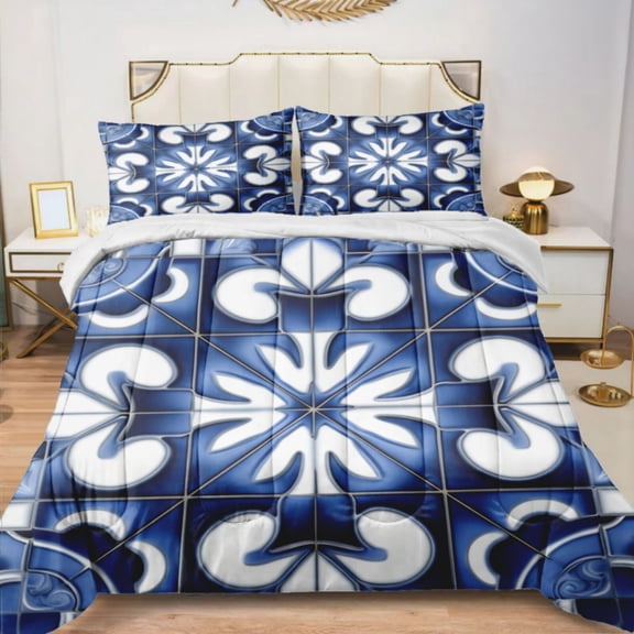 Quilted Comforter Duvet, All Season Duvet, Soft Bedding 3 Set, 1 Duvet Comforter & 2 Pillow Case, Mineral Blue Mediterranean, Queen