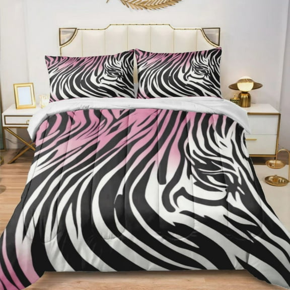 Quilted Comforter Duvet, All Season Duvet, Soft Bedding 3 Set, 1 Duvet Comforter & 2 Pillow Case, Pink Zebra Pattern, Twin