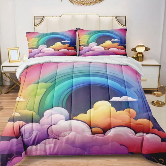 Quilted Comforter Duvet, All Season Duvet, Soft Bedding 3 Set, 1 Duvet Comforter & 2 Pillow Case, Rainbow Clouds Colorful Sky, King