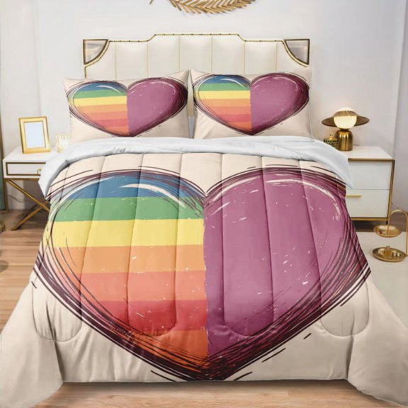Quilted Comforter Duvet, All Season Duvet, Soft Bedding 3 Set, 1 Duvet Comforter & 2 Pillow Case, Rainbow Heart, Twin