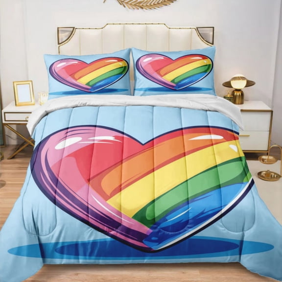 Quilted Comforter Duvet, All Season Duvet, Soft Bedding 3 Set, 1 Duvet Comforter & 2 Pillow Case, Rainbow Heart, Twin