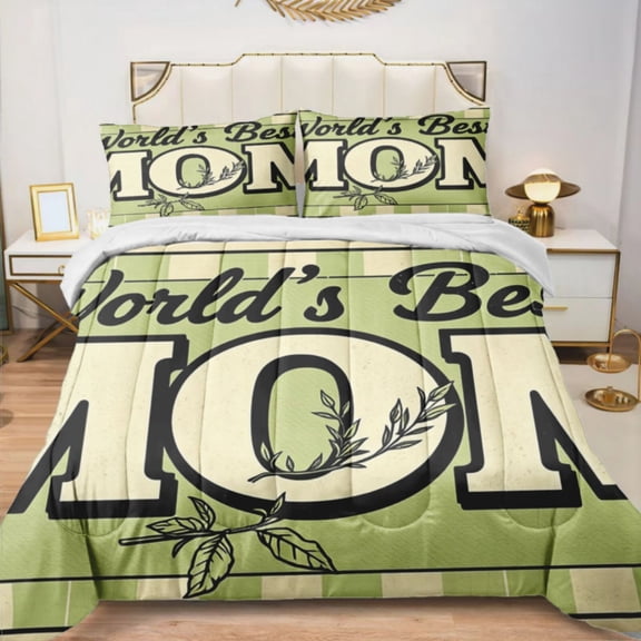Quilted Comforter Duvet, All Season Duvet, Soft Bedding 3 Set, 1 Duvet Comforter & 2 Pillow Case, Retro 1950s 'World's Best Mom' , Twin