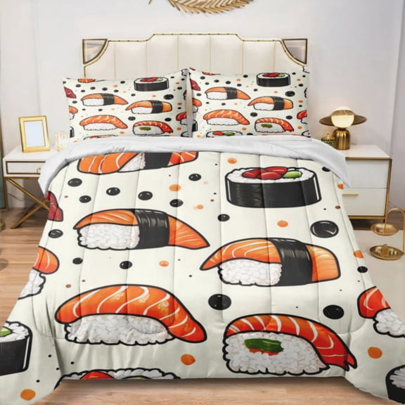 Quilted Comforter Duvet, All Season Duvet, Soft Bedding 3 Set, 1 Duvet Comforter & 2 Pillow Case, Sushi & Boba Crop Pattern, King