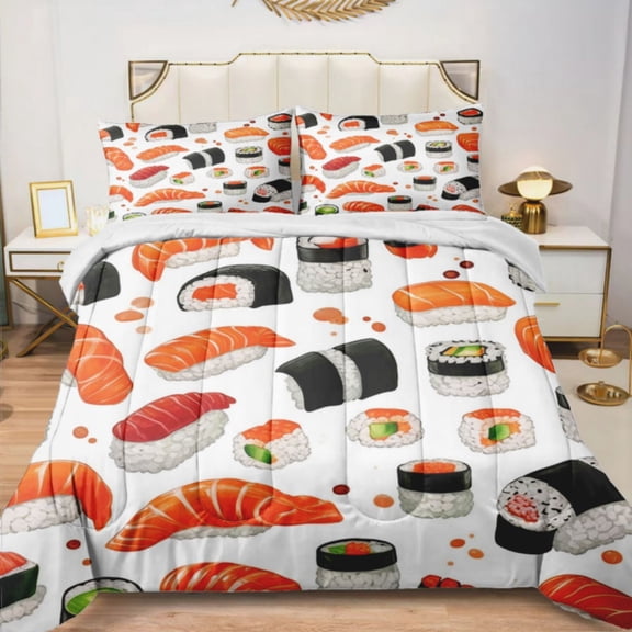 Quilted Comforter Duvet, All Season Duvet, Soft Bedding 3 Set, 1 Duvet Comforter & 2 Pillow Case, Sushi & Boba Crop Pattern, Queen