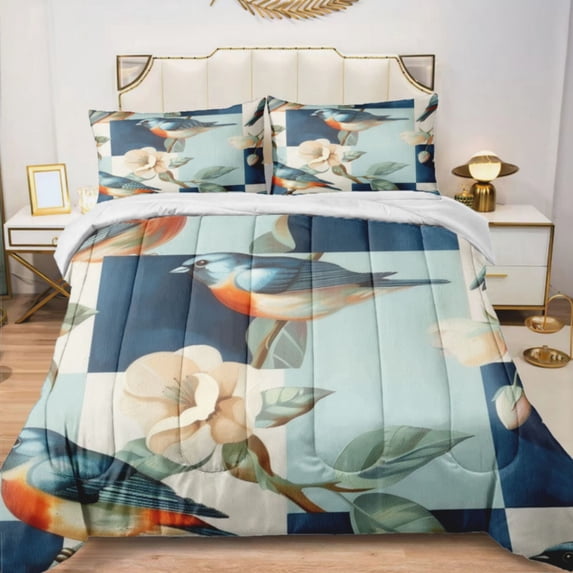 Quilted Comforter Duvet, All Season Duvet, Soft Bedding 3 Set, 1 Duvet Comforter & 2 Pillow Case, Vintage Flowers Birds, Twin