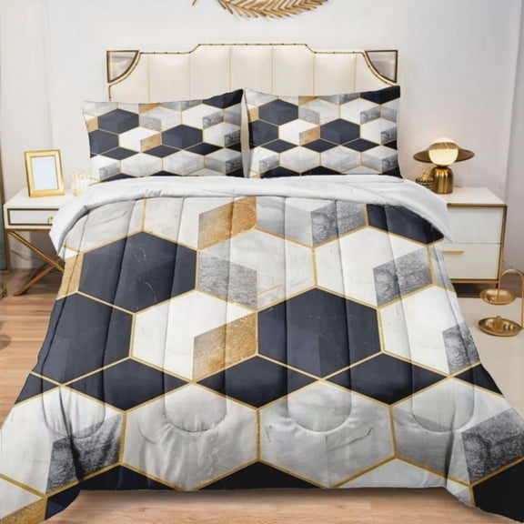Quilted Comforter Duvet, All Season Duvet, Soft Bedding 3 Set, 1 Duvet Comforter & 2 Pillow Case, White Navy Cubes, Twin