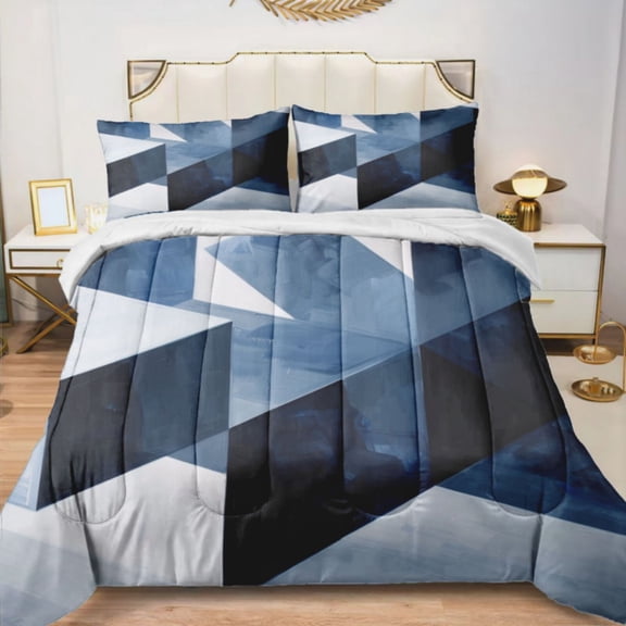 Quilted Comforter Duvet, All Season Duvet, Soft Bedding 3 Set, 1 Duvet Comforter & 2 Pillow Case, White Navy Cubes, Twin