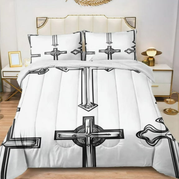Quilted Comforter Duvet, All Season Duvet, Soft Bedding 3 Set, 1 Duvet Comforter & 2 Pillow Case, christian cross vector, Full