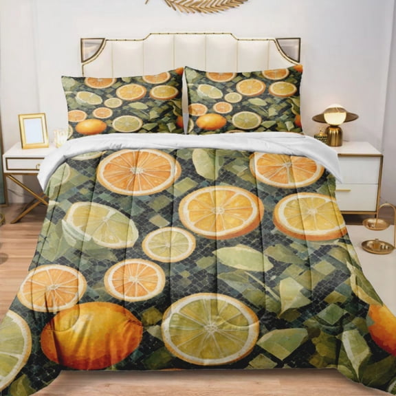 Quilted Comforter Duvet, All Season Duvet, Soft Bedding 3 Set, 1 Duvet Comforter & 2 Pillow Case, citrus Mediterranean style mosaic, King