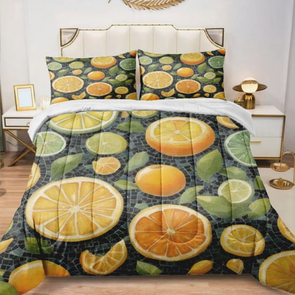 Quilted Comforter Duvet, All Season Duvet, Soft Bedding 3 Set, 1 Duvet Comforter & 2 Pillow Case, citrus Mediterranean style mosaic, Queen