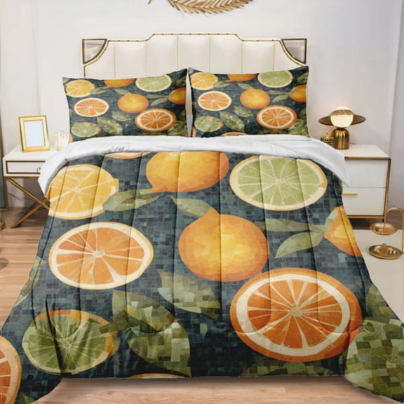 Quilted Comforter Duvet, All Season Duvet, Soft Bedding 3 Set, 1 Duvet Comforter & 2 Pillow Case, citrus Mediterranean style mosaic, Twin