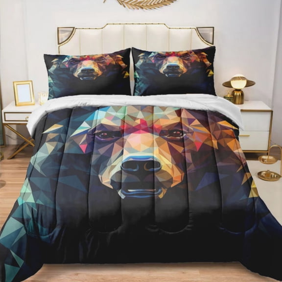 Quilted Comforter Duvet, All Season Duvet, Soft Bedding 3 Set, 1 Duvet Comforter & 2 Pillow Case, dark bear geometric, King