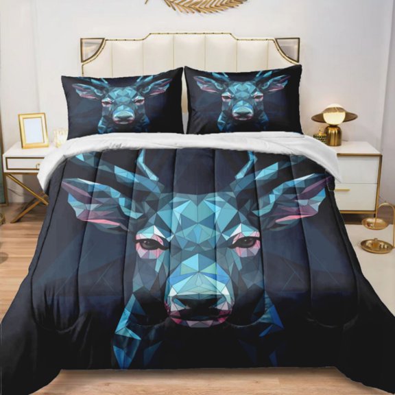 Quilted Comforter Duvet, All Season Duvet, Soft Bedding 3 Set, 1 Duvet Comforter & 2 Pillow Case, dark deer geometric, Queen