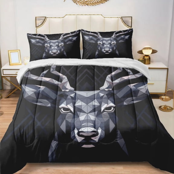 Quilted Comforter Duvet, All Season Duvet, Soft Bedding 3 Set, 1 Duvet Comforter & 2 Pillow Case, dark deer geometric, Queen