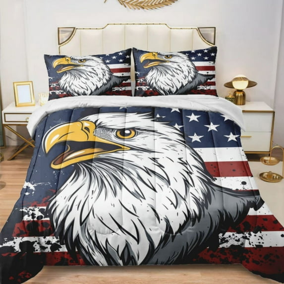 Quilted Comforter Duvet, All Season Duvet, Soft Bedding 3 Set, 1 Duvet Comforter & 2 Pillow Case, eagle, america flag background, Queen