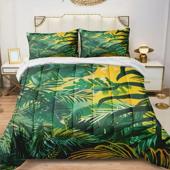 Quilted Comforter Duvet, All Season Duvet, Soft Bedding 3 Set, 1 Duvet Comforter & 2 Pillow Case, green summer jungle, King