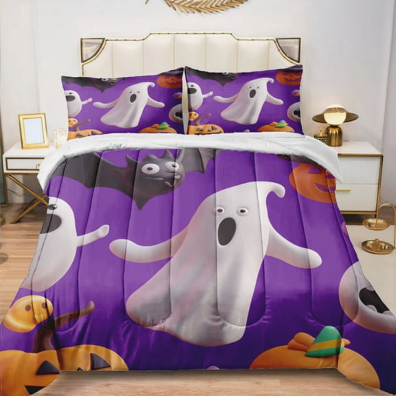 Quilted Comforter Duvet, All Season Duvet, Soft Bedding 3 Set, 1 Duvet Comforter & 2 Pillow Case, horror mystery cartoon ghosts, Queen