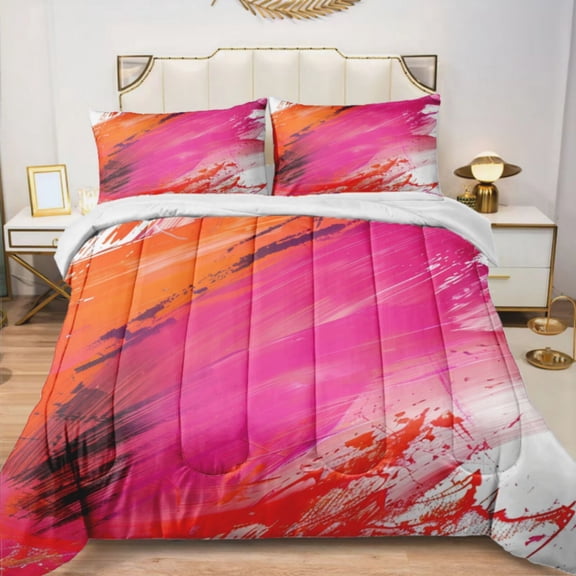 Quilted Comforter Duvet, All Season Duvet, Soft Bedding 3 Set, 1 Duvet Comforter & 2 Pillow Case, hot pink and orange, brush strokes, King