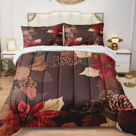 Quilted Comforter Duvet, All Season Duvet, Soft Bedding 3 Set, 1 Duvet Comforter & 2 Pillow Case, leaves, pinecone and poinsettia., Full