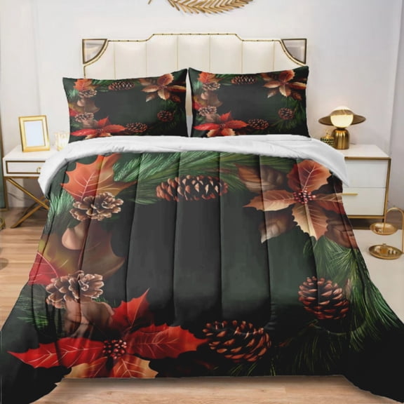 Quilted Comforter Duvet, All Season Duvet, Soft Bedding 3 Set, 1 Duvet Comforter & 2 Pillow Case, leaves, pinecone and poinsettia., Queen
