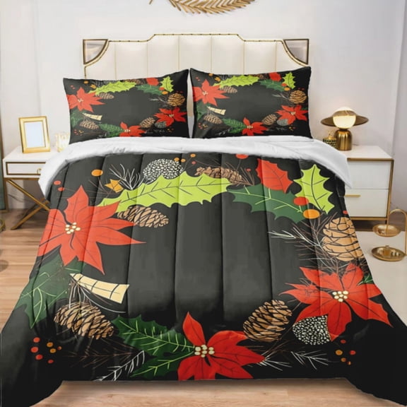 Quilted Comforter Duvet, All Season Duvet, Soft Bedding 3 Set, 1 Duvet Comforter & 2 Pillow Case, leaves, pinecone and poinsettia., Queen