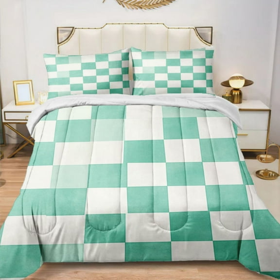 Quilted Comforter Duvet, All Season Duvet, Soft Bedding 3 Set, 1 Duvet Comforter & 2 Pillow Case, mint checkerboard, Queen
