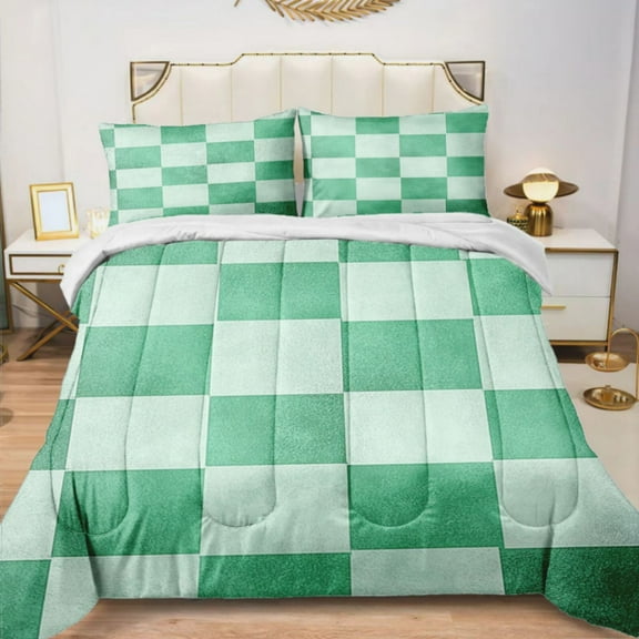 Quilted Comforter Duvet, All Season Duvet, Soft Bedding 3 Set, 1 Duvet Comforter & 2 Pillow Case, mint checkerboard, Queen