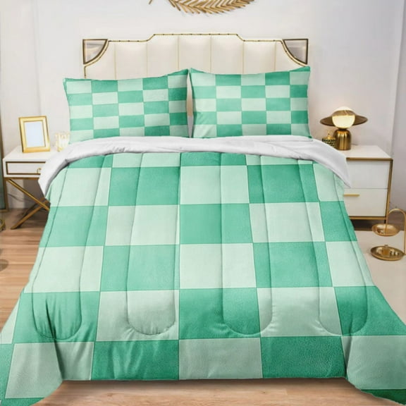 Quilted Comforter Duvet, All Season Duvet, Soft Bedding 3 Set, 1 Duvet Comforter & 2 Pillow Case, mint checkerboard, Twin