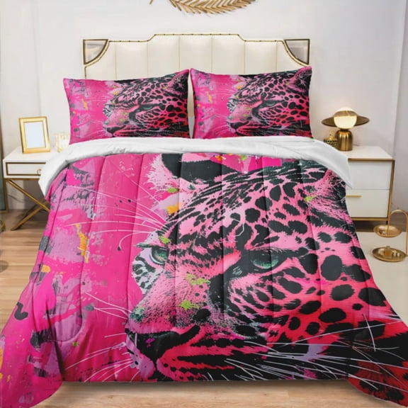 Quilted Comforter Duvet, All Season Duvet, Soft Bedding 3 Set, 1 Duvet Comforter & 2 Pillow Case, neon pink leopard, Full