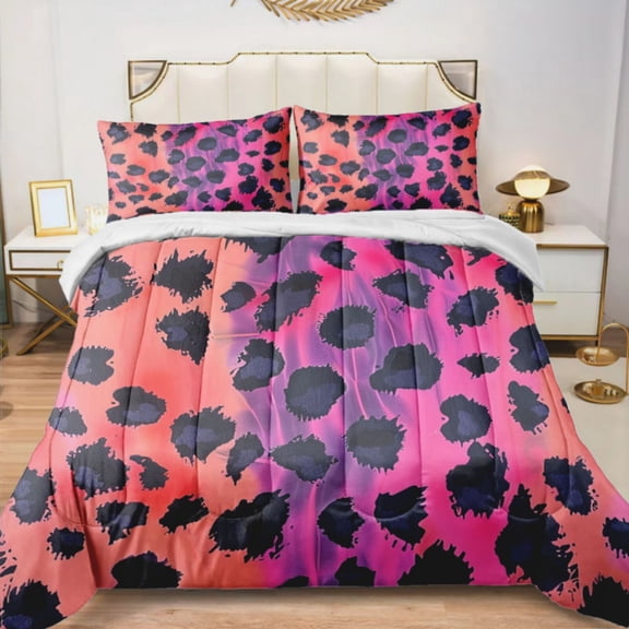 Quilted Comforter Duvet, All Season Duvet, Soft Bedding 3 Set, 1 Duvet Comforter & 2 Pillow Case, neon pink leopard spots, Twin