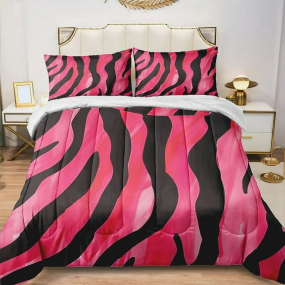 Quilted Comforter Duvet, All Season Duvet, Soft Bedding 3 Set, 1 Duvet Comforter & 2 Pillow Case, pink and black zebra stripes, Twin
