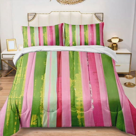 Quilted Comforter Duvet, All Season Duvet, Soft Bedding 3 Set, 1 Duvet Comforter & 2 Pillow Case, pink and green stripes, Full