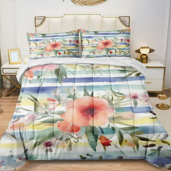 Quilted Comforter Duvet, All Season Duvet, Soft Bedding 3 Set, 1 Duvet Comforter & 2 Pillow Case, spring floral, Twin