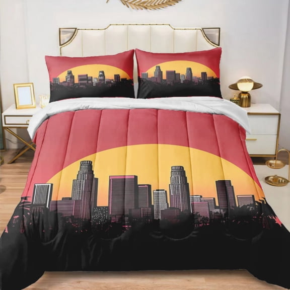Quilted Comforter Duvet, All Season Duvet, Soft Bedding 3 Set, 1 Duvet Comforter & 2 Pillow Case, sunset city skyline, King
