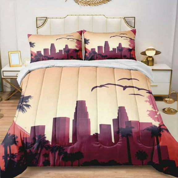 Quilted Comforter Duvet, All Season Duvet, Soft Bedding 3 Set, 1 Duvet Comforter & 2 Pillow Case, sunset city skyline, Queen
