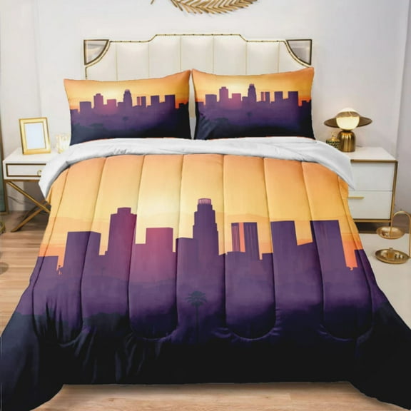 Quilted Comforter Duvet, All Season Duvet, Soft Bedding 3 Set, 1 Duvet Comforter & 2 Pillow Case, sunset city skyline, Queen