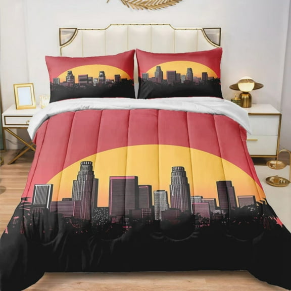 Quilted Comforter Duvet, All Season Duvet, Soft Bedding 3 Set, 1 Duvet Comforter & 2 Pillow Case, sunset city skyline, Twin