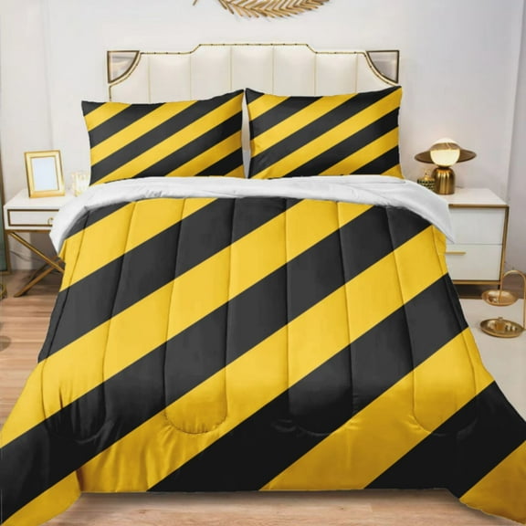 Quilted Comforter Duvet, All Season Duvet, Soft Bedding 3 Set, 1 Duvet Comforter & 2 Pillow Case, yellow black strip, Twin