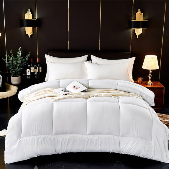 Quilted Down Comforter Large | All Season Lightweight Polyester Bed Quilt | Soft & Breathable Machine Washable | White Beige Pink Coffee | 59 x 79 in | 1 Piece | Durable Box | Cozy Warm