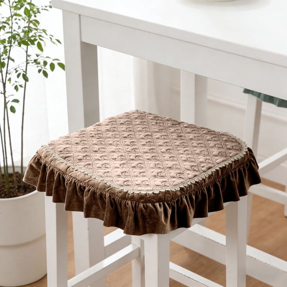 Quilted Corduroy Seat Chair Cushion with Ruffled Skirt Edge, Decorative Daisy Embroidered Anti- Dining Seat Pad for Home