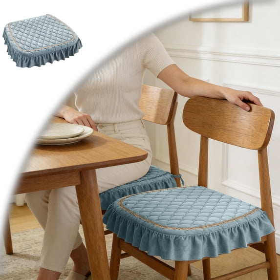 Quilted Corduroy Seat Chair Cushion with Ruffled Skirt Edge, Decorative Daisy Embroidered Anti- Dining Seat Pad for Home
