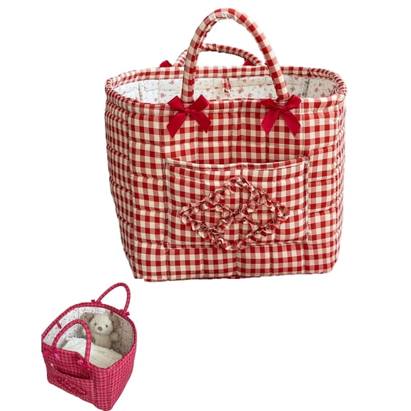 Quilted Cotton Gingham Storage Tote Bag Boho Foldable with Handles, Floral Red Gingham Picnic Basket for Home