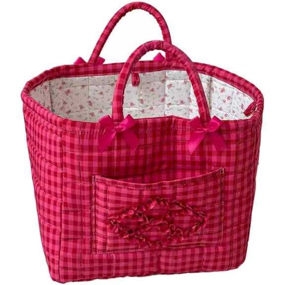 Quilted Cotton Gingham Storage Tote Bag with Handles and Pocket, Foldable Organizer