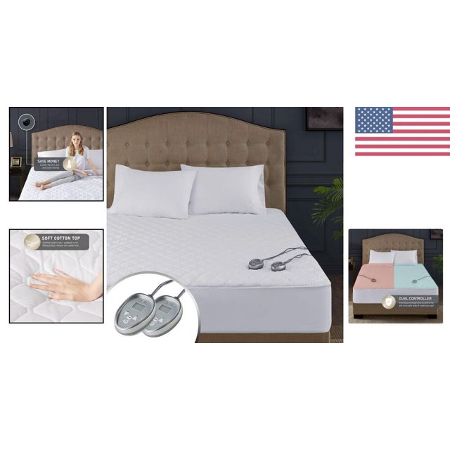 Quilted Cotton Heated Mattress Pad King Size, 20 Heat Settings & Auto