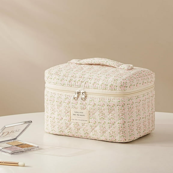 Quilted Cotton Makeup Bag Set, Large Travel Cosmetic Toiletry Bag with Floral Design for Women Girls