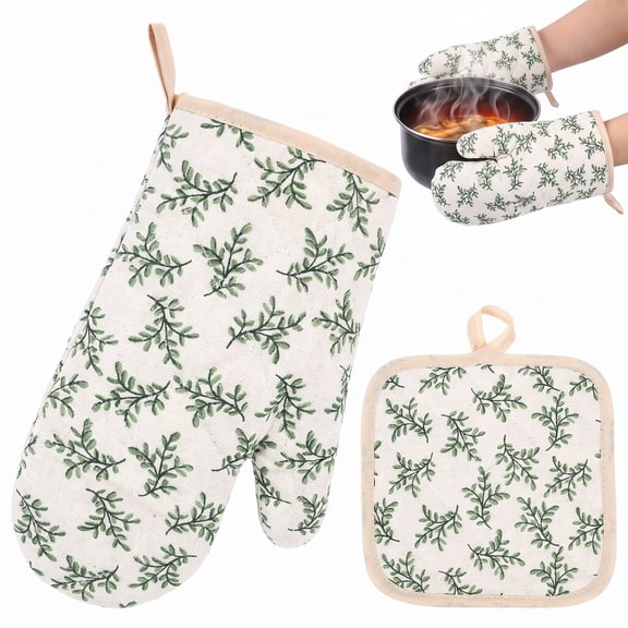 Quilted Cotton Oven Mitts and Pot Holder Set Heat Resistant Kitchen Tool Kit Gloves 10.43",Trivet 7.48"