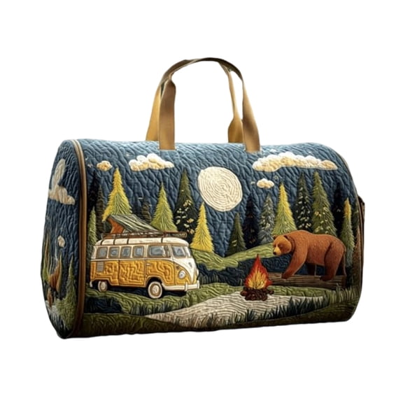 Quilted Cotton Overnight Weekender Bag, Hippie Van Pattern Duffle Travel Bag with Padded Strap(U)