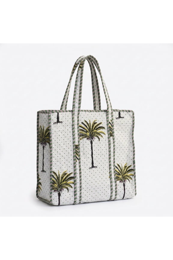 Quilted Cotton Tote Bag for Women, Palm Print Shoulder Bag with Zipper Closure & Inner Pocket, Lightweight Everyday Travel Shopping Tote, 18 x 18 Inch, Palm Ivory