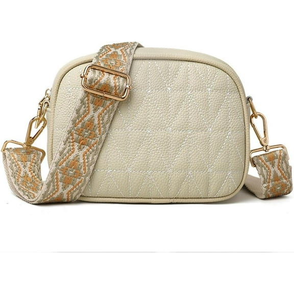 Quilted Crossbody Bag for Women Leather Shoulder Square Purse Handbag with Guitar Strap Camera Bag Purse