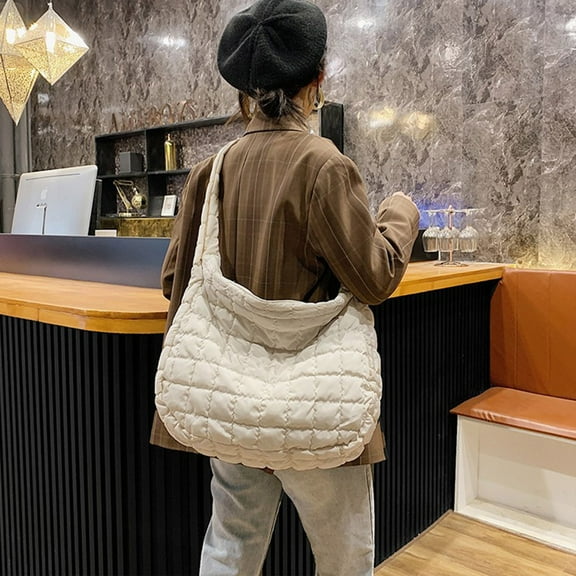 Quilted Crossbody Bags For Women Large Capacity Puffer Tote Bags Unique Boho Hippe Padded Handbag Trendy (White )